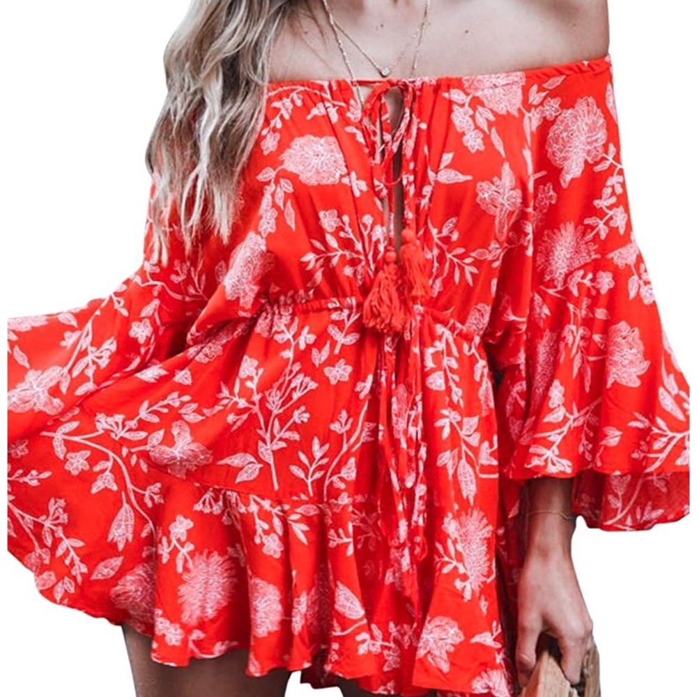 Off-Shoulder Boho Playsuit Romper Bell Sleeve